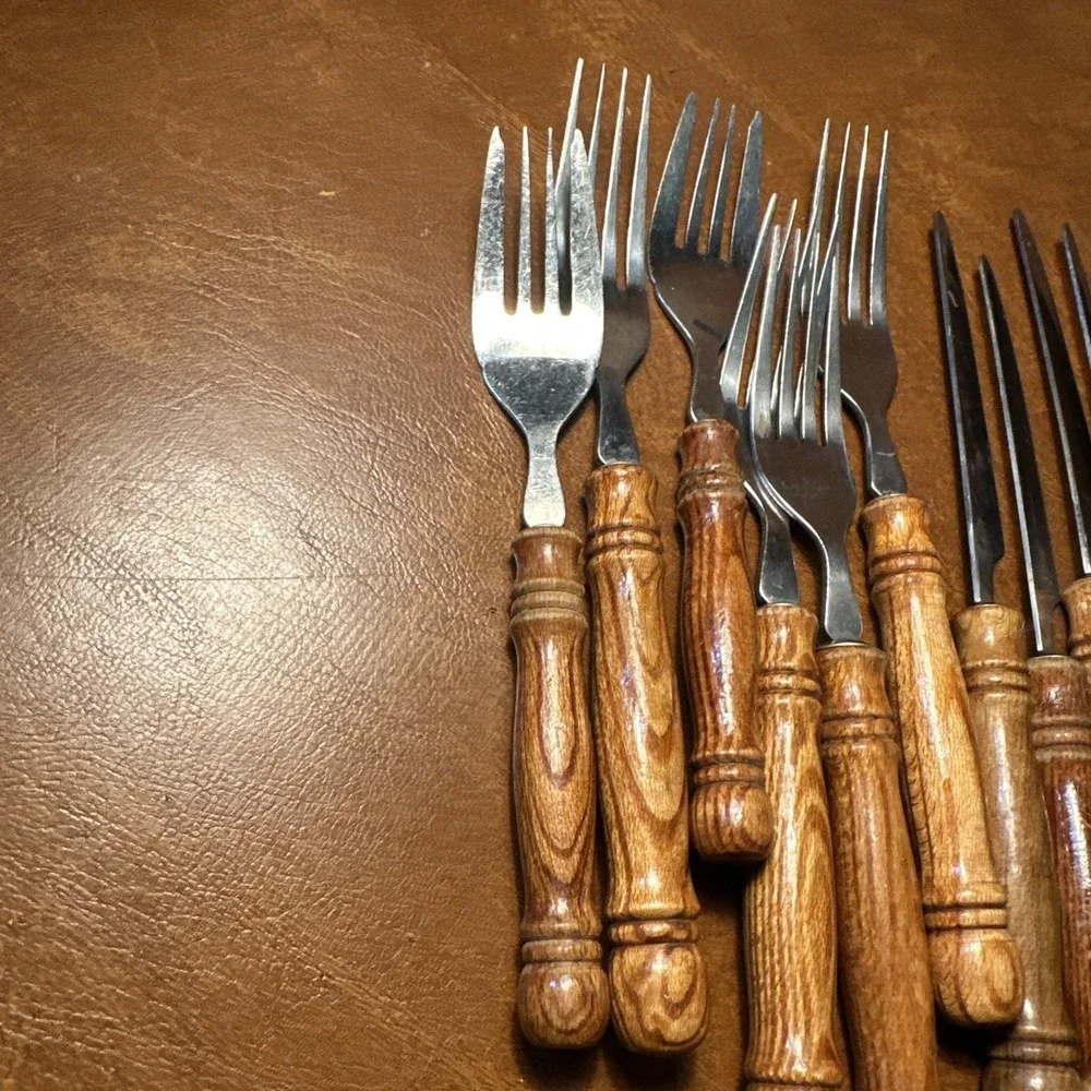 24 Vintage Homestead Wooden Handle Stainless Dinner Flatware Set Made In Taiwan